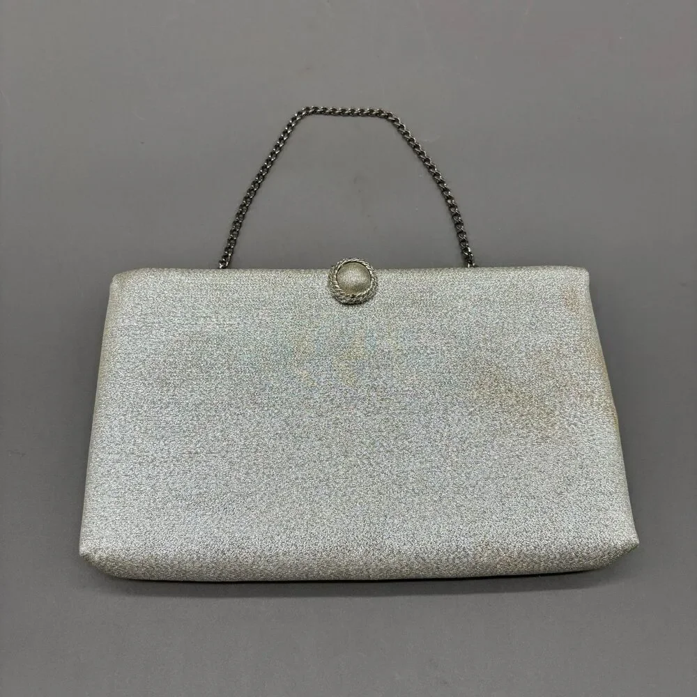 Vintage After Five Silver Metallic Evening Clutch Purse Chain Strap Made USA